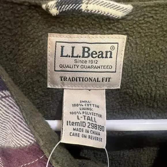 LL Bean Fleece Lined Flannel Shirt Shacket Men’s Size Large Tall Plum Plaid